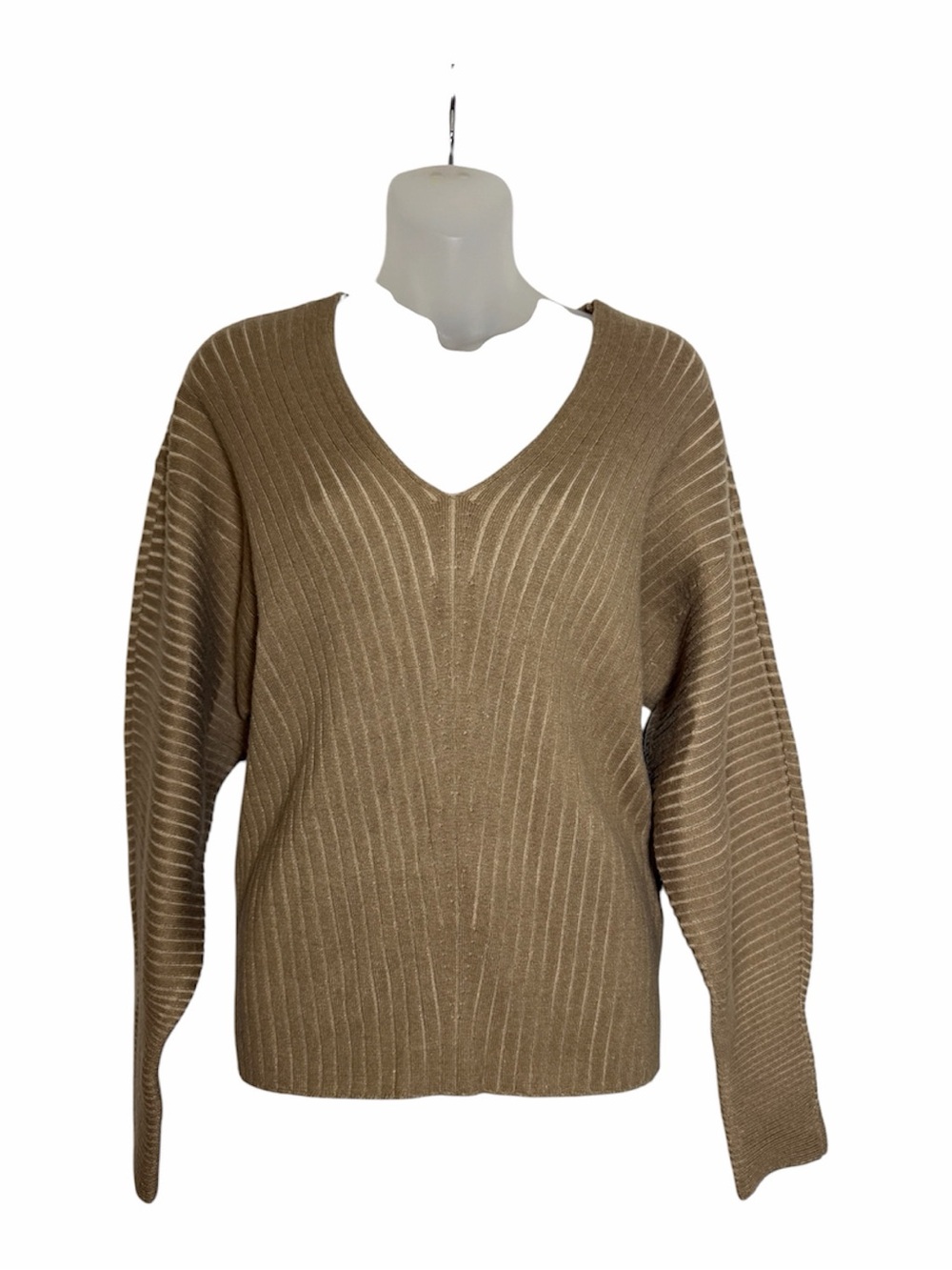 DKNY Taupe Chino Khaki Ribbed V-Neck Batwing Sweater M NWT $89